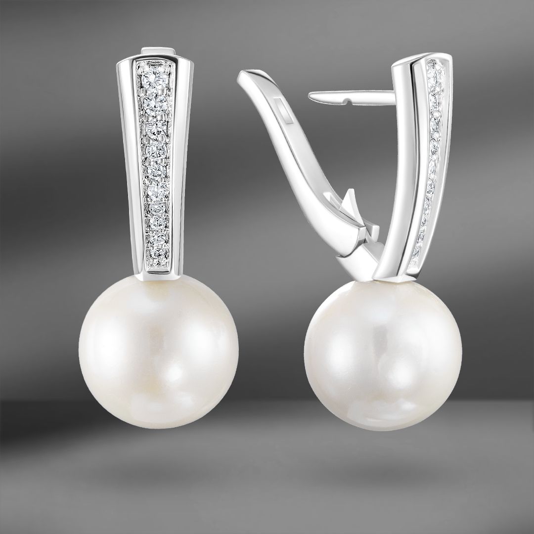 продажа Золотые серьги с жемчугом и бриллиантами 0.23 Ct в салоне «Emporium Gold»