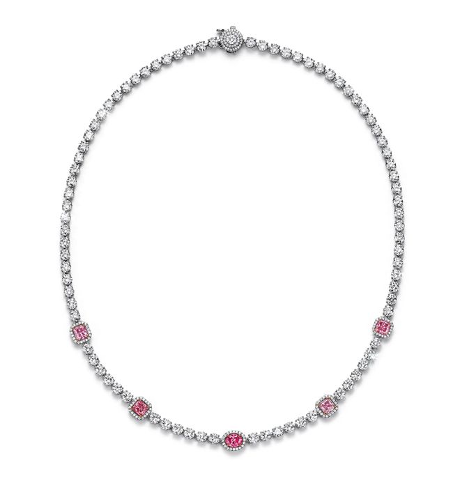 Ожерелье Tiffany & Co. из платины и розового золота с фантазийными розовыми бриллиантами из ныне закрытого алмазного рудника Argyle в Западной Австралии Ожерелье Tiffany & Co. из платины и розового золота с фантазийными розовыми бриллиантами из ныне закрытого алмазного рудника Argyle в Западной Австралии