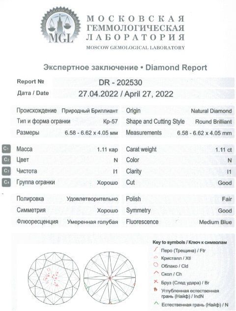 Продажа Природный бриллиант 1.11Ct N / I1 "Круг" 