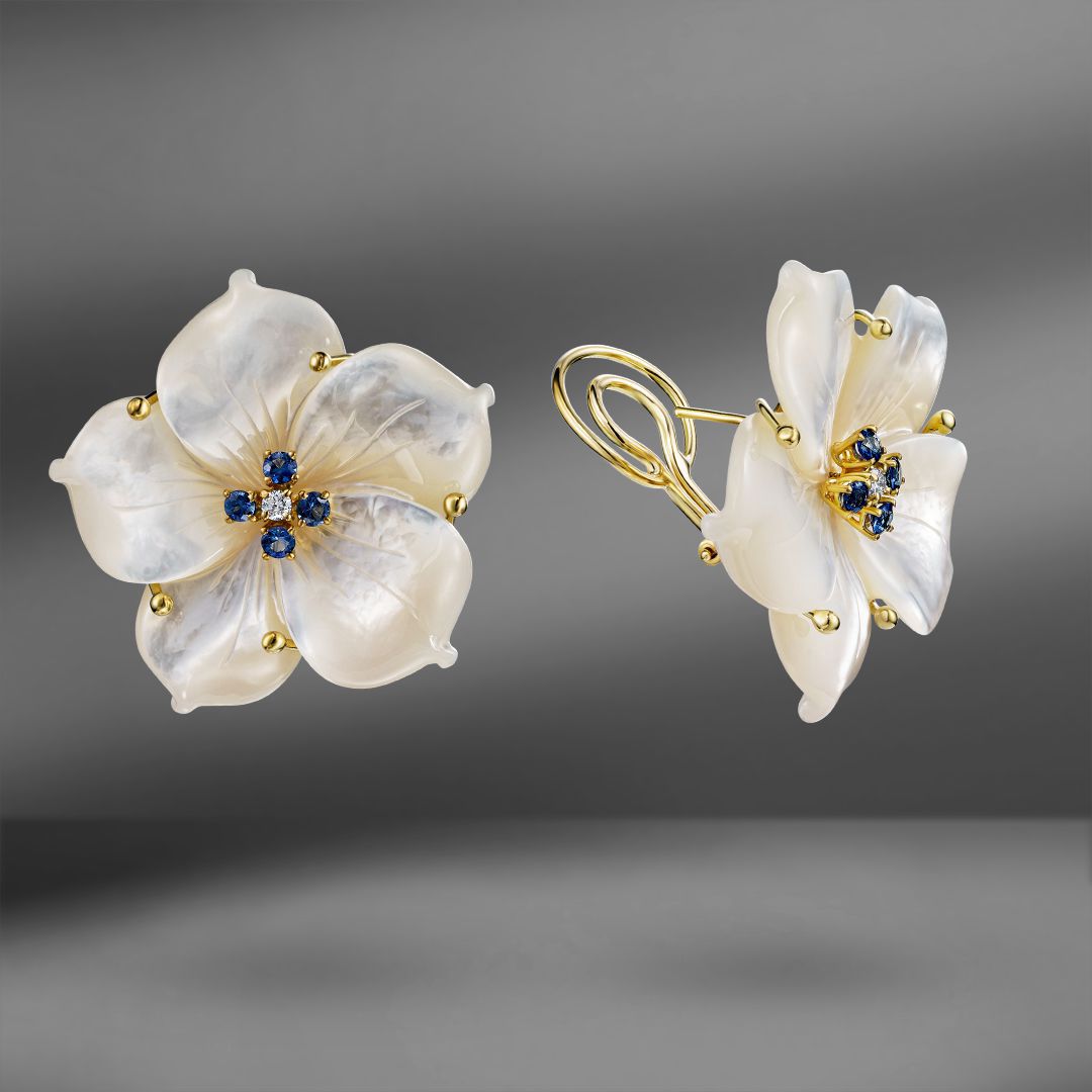 продажа Золотые серьги с перламутром, сапфирами и бриллиантами в салоне «Emporium Gold»
