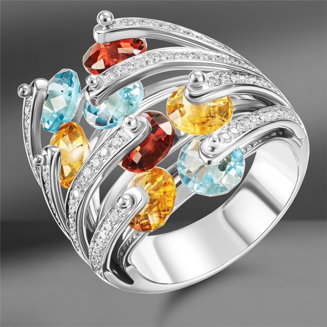 Золотое кольцо с цветными камнями 7.59 Ct и бриллиантами