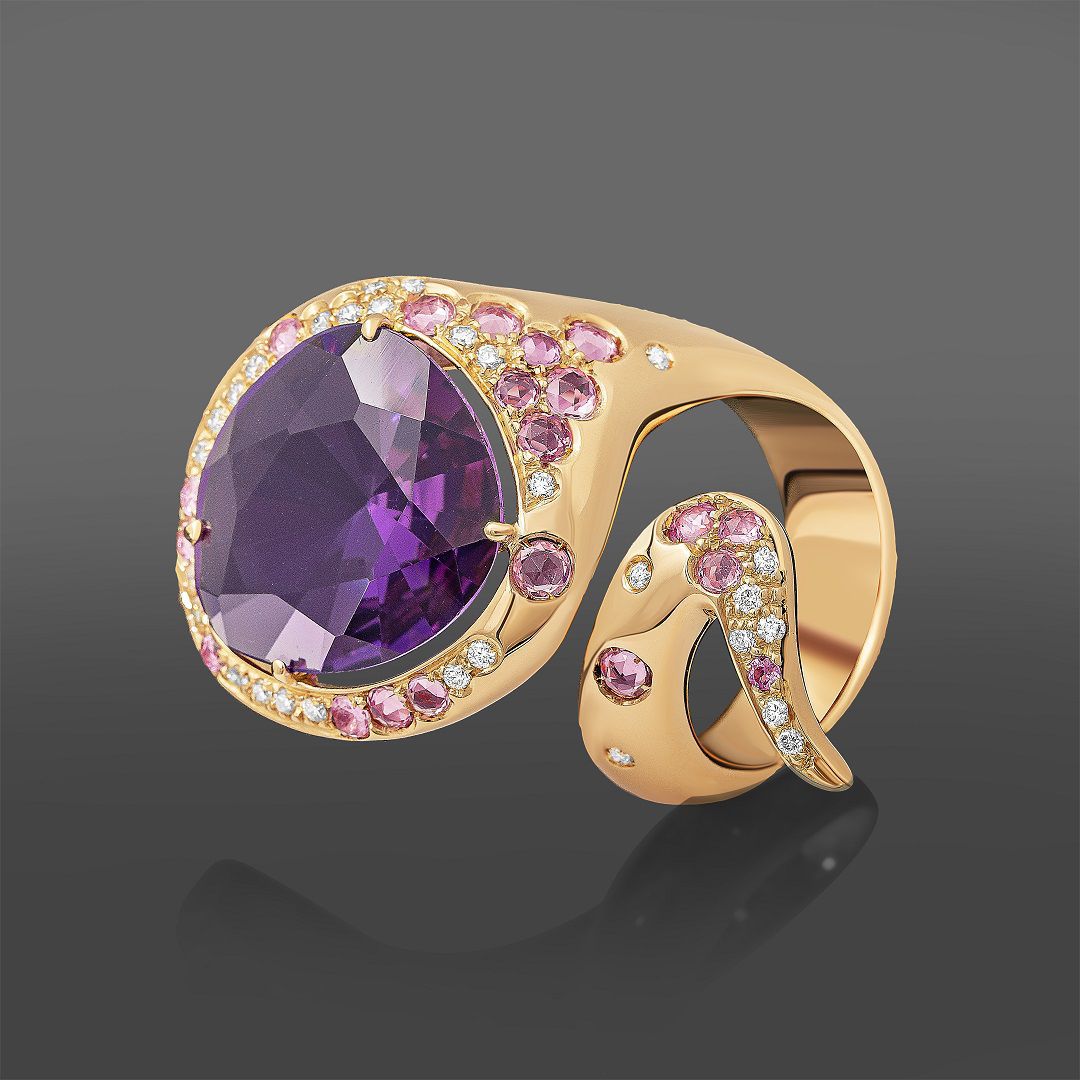 Золотое кольцо Verdi с аметистами и бриллиантами