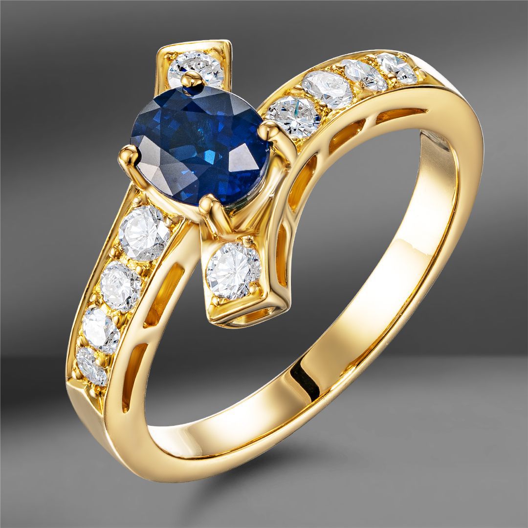 Золотое кольцо с сапфиром 1.12 Ct и бриллиантами