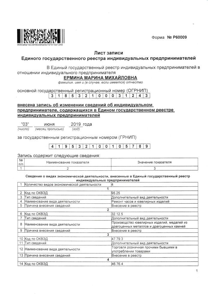 ОГРНИП ИП Ермина Марина Михайловна