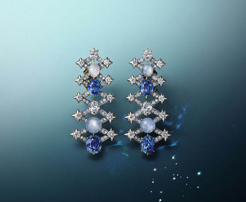 Колье и кольцо Wings из коллекции Tiffany & Co. Blue Book 2024 Céleste, серьги Constellation с бриллиантами, сапфирами и лунным камнем, серьги Apollo с белыми и желтыми бриллиантами