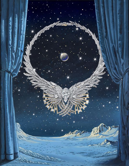 Колье и кольцо Wings из коллекции Tiffany & Co. Blue Book 2024 Céleste, серьги Constellation с бриллиантами, сапфирами и лунным камнем, серьги Apollo с белыми и желтыми бриллиантами