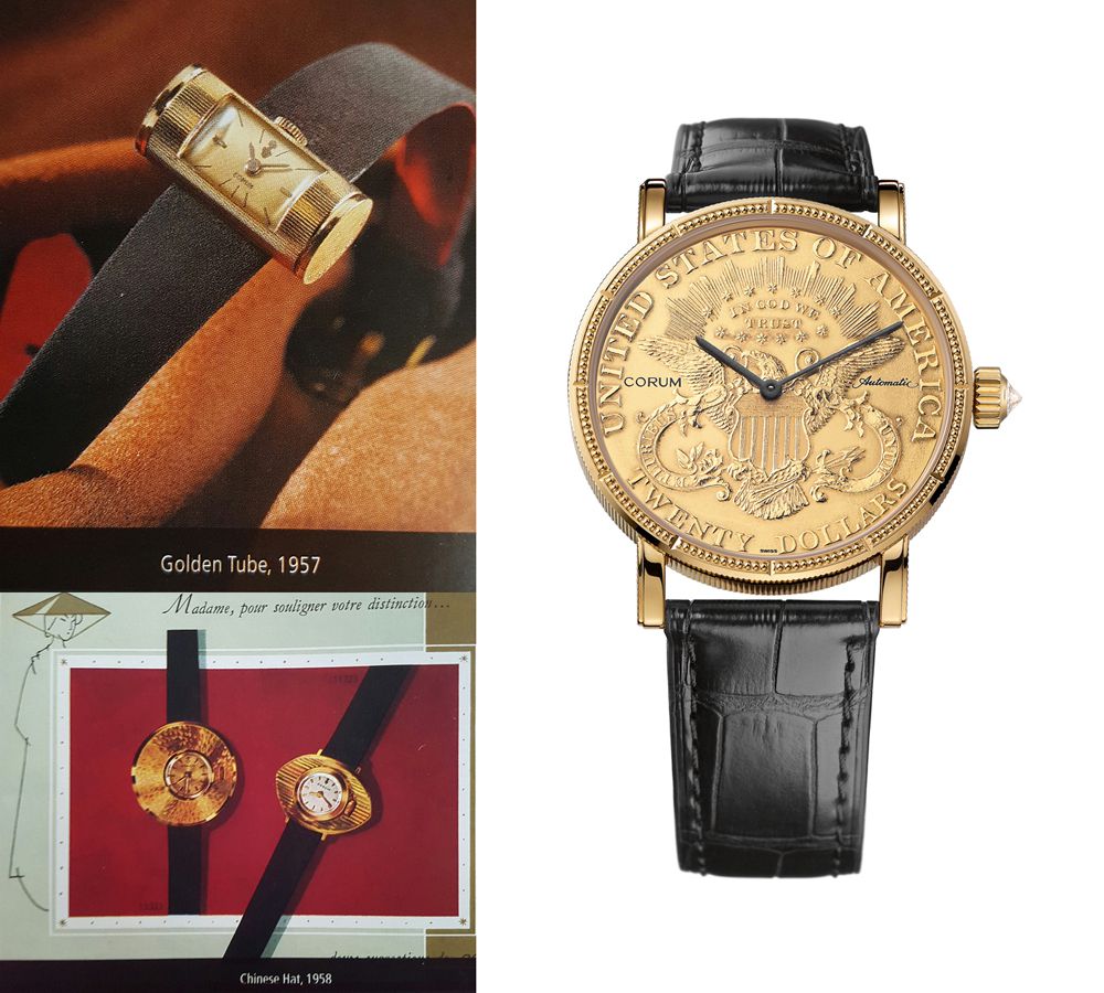 Часы Corum Golden Tube, 1957 год. Часы Corum Chinese Hat, 1958 год. Часы Corum Coin Watch, 1964 год