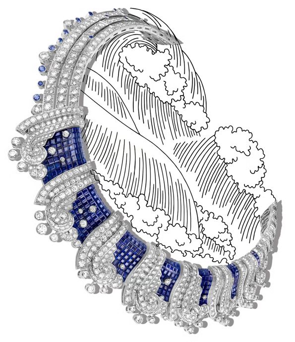 Искусно подобранные цветные драгоценные камни передают цвет моря, растительность острова и эффект вспененных гребней волн