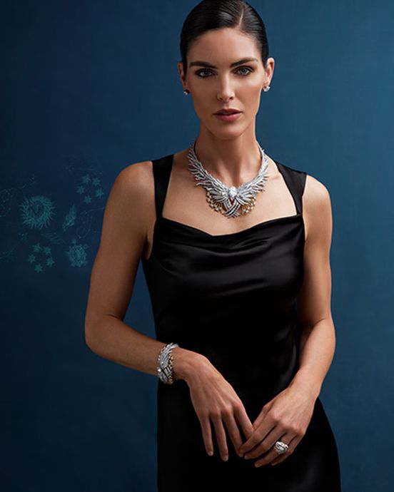 Колье и кольцо Wings из коллекции Tiffany & Co. Blue Book 2024 Céleste, серьги Constellation с бриллиантами, сапфирами и лунным камнем, серьги Apollo с белыми и желтыми бриллиантами