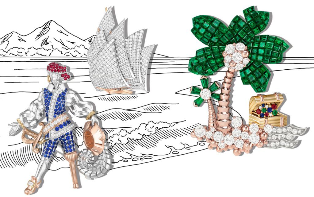 Броши из коллекции Van Cleef & Arpels Treasure Island: Pirate John, Hispaniola и Palmier Mystérieux со съемными элементами