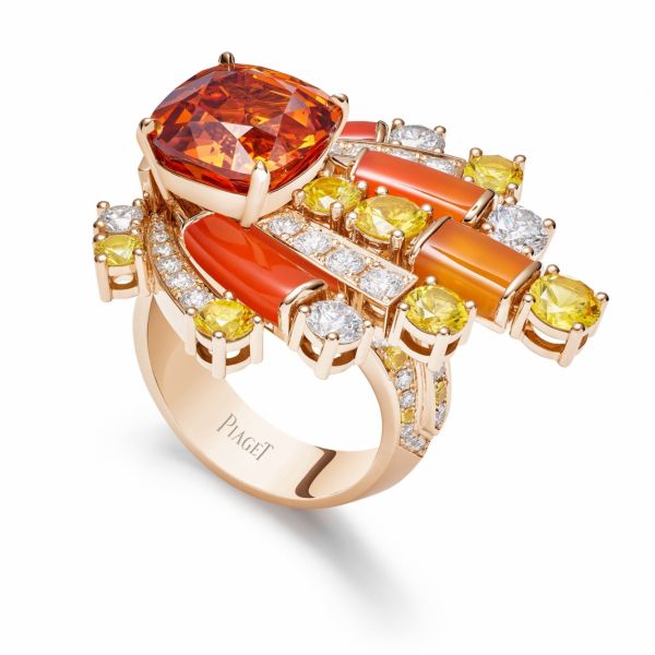 Колье, серьги, кольцо и браслет-манжета с розовыми сапфирами и гранатами- спессартинами