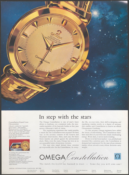 Реклама Omega Constellation Grand Luxe 1950-х годов и часы Constellation Grand Luxe ref. 14355 1954 года