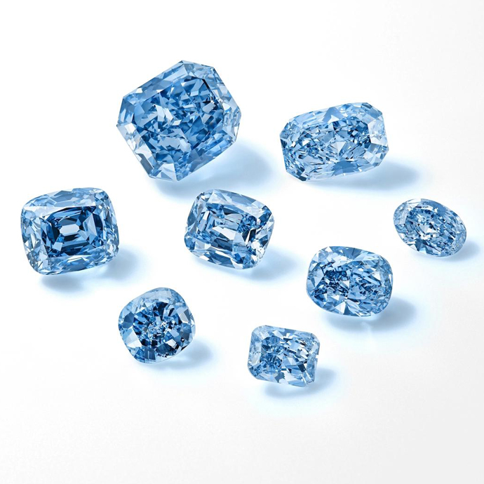 Бриллианты Oppenheimer Blue, De Beers Blue и коллекция De Beers Exceptional Blue из 8 бриллиантов