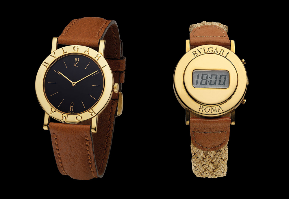 Часы Bvlgari Bvlgari, переосмысленные Джеральдом Джентой в в 1977 году (слева) и оригинальные часы Bvlgari Roma 1975 года (справа)