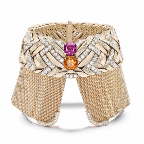 Колье, серьги, кольцо и браслет-манжета с розовыми сапфирами и гранатами- спессартинами