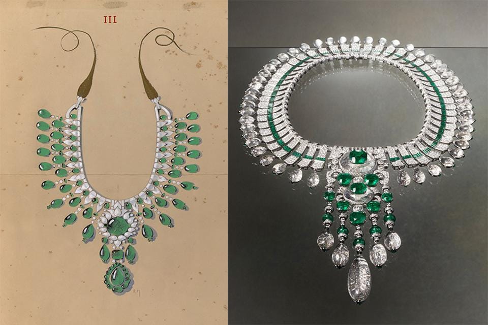 Эскиз из архива и колье New Maharajah necklace из коллекции 2022 года