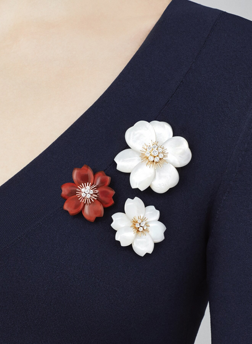 Ювелирные зимние цветы Rose de Noël Дом Van Cleef & Arpels изготавливает из коралла, бирюзы, перламутра, оникса и даже из дерева