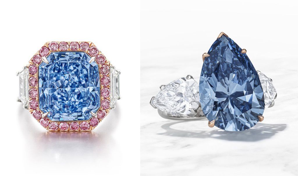 Кольцо с бриллиантом Infinite Blue весом 11,28 карат стоимостью 25,3 млн. долларов и кольцо с бриллиантом Bleu Royal весом 17,61 карат стоимостью 44 млн. долларов
