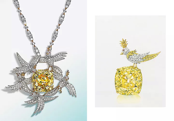 Bird on a Rock с желтым бриллиантом Tiffany весом 128,54 карата: в трансформируемой подвеске 2023 года и броши 1995 года, а также вариации мотива с цветными камнями