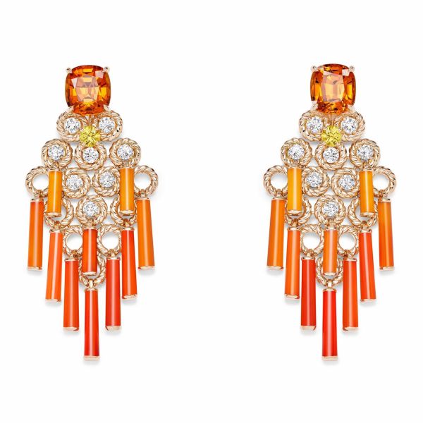 Колье, серьги, кольцо и браслет-манжета с розовыми сапфирами и гранатами- спессартинами