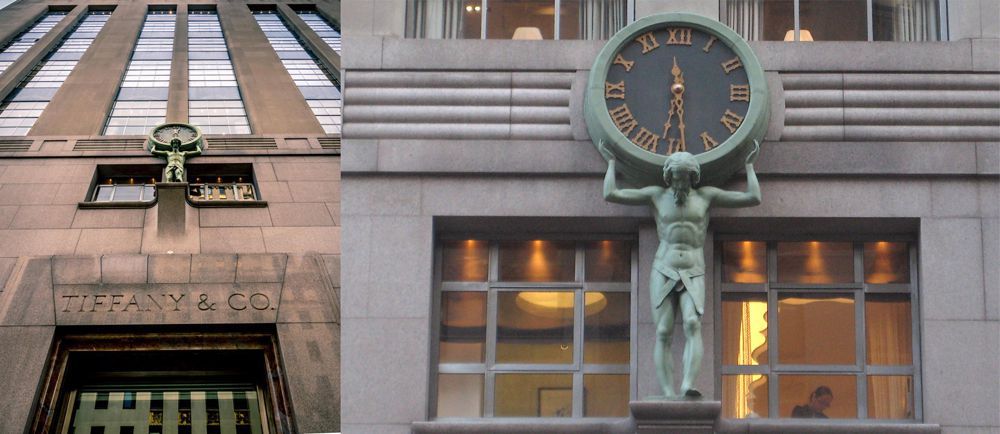 Девятифутовые часы Atlas над входом во флагманский магазин Tiffany & Co.