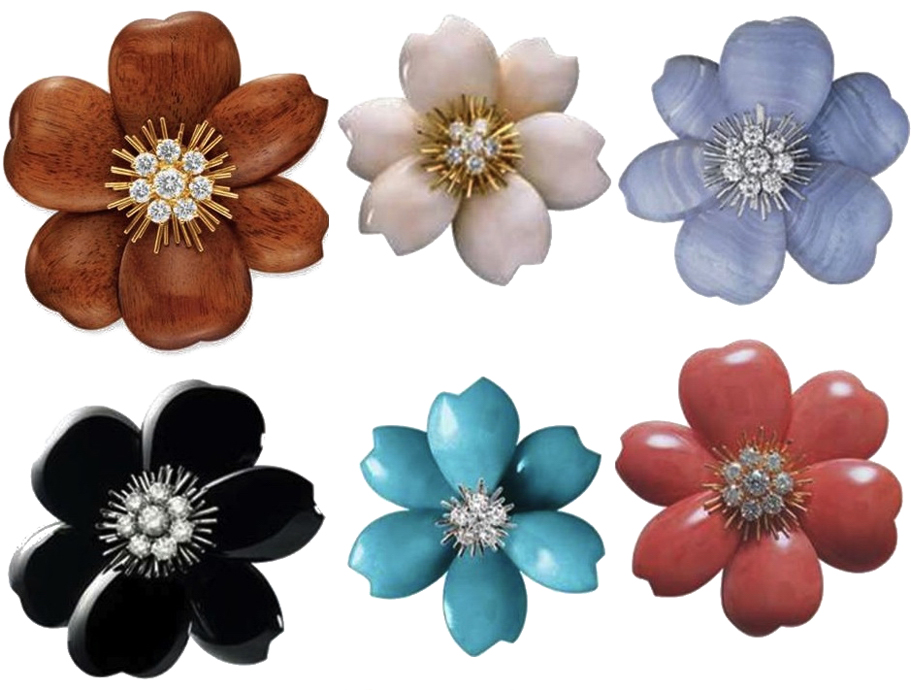Ювелирные зимние цветы Rose de Noël Дом Van Cleef & Arpels изготавливает из коралла, бирюзы, перламутра, оникса и даже из дерева