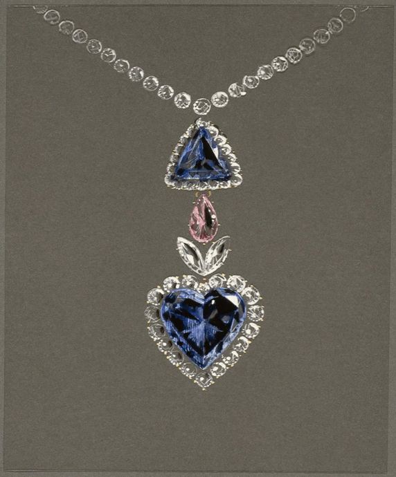 Колье с ландышами Пьера Картье, в центре которого бриллиант Blue Heart, и колье Van Cleef & Arpels с бриллиантом Blue Heart