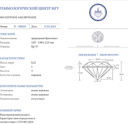 Продажа Природный бриллиант 0.22 Ct, D/VVS2, "Круг" 3.95x3.98x2.31 мм. 