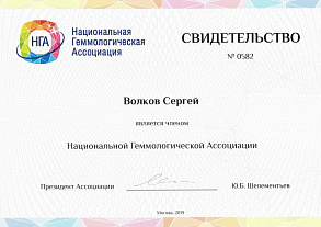 Свидетельство — член Национальной Геммологической Ассоциации Волков С.А.
