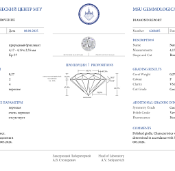 Продажа Природный бриллиант 0.27 Ct, F/VS1, "Круг" МГУ 