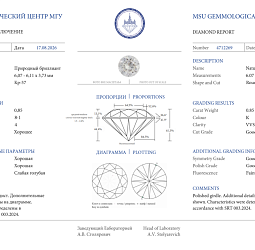 Продажа Природный бриллиант 0.85 Ct, K/VVS2, "Круг" МГУ 