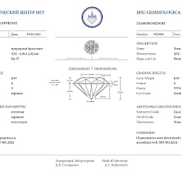 Продажа Природный бриллиант 0.43 Ct, E/VVS2, "Круг" МГУ 
