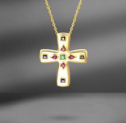 продажа Золотая подвеска крест с цветными камнями 450 мм в салоне «Emporium Gold»