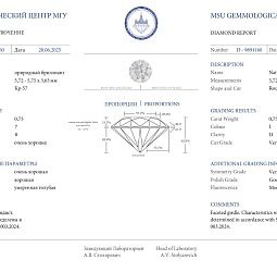 Продажа Природный бриллиант 0.75 Ct, I/I1, "Круг" МГУ 