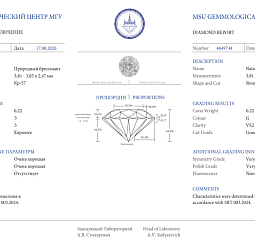 Продажа Природный бриллиант 0.22 Ct, G/VS2, "Круг" МГУ 