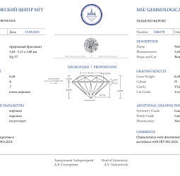 Продажа Природный бриллиант 0.49 Ct, H/VS2, "Круг" МГУ 