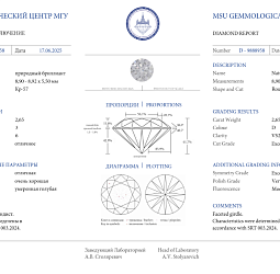 Продажа Природный бриллиант 2.65 Ct, D/VS2, "Круг" МГУ 
