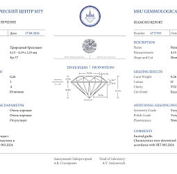 Продажа Природный бриллиант 0.26 Ct, D/VS2, "Круг" МГУ 